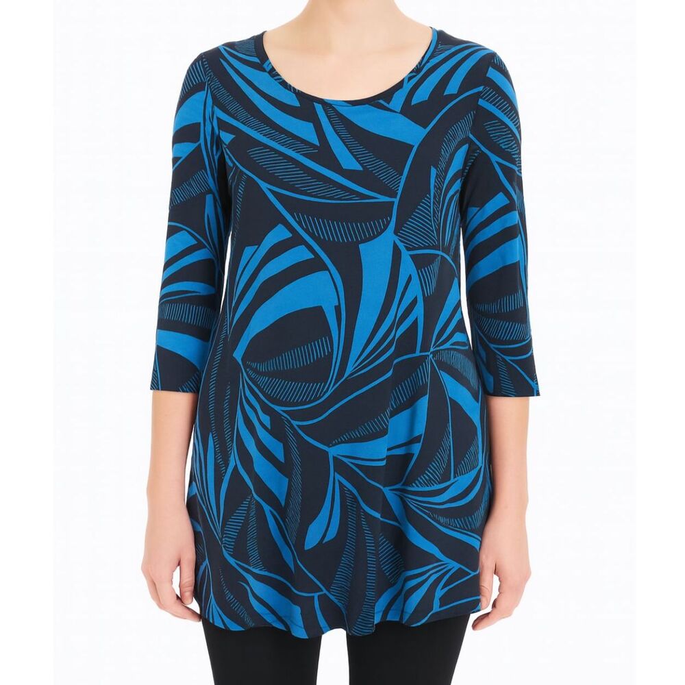 JM Collection Blue & Black Printed 3/4 Sleeve Tunic L
